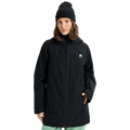 Woman wearing a black Burton Reserve Insulated Snowboard Jacket with a hood, chest pocket, and white mountain logo.