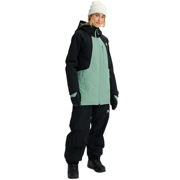 Women's Burton Reserve Insulated Snowboard Jacket in black and mint green with a hood and zippered front.