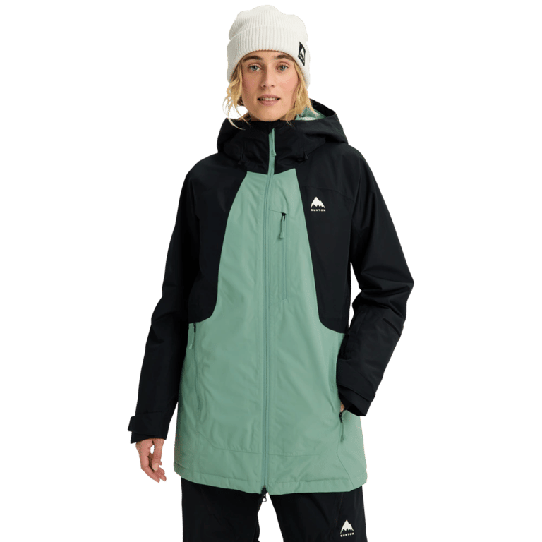 Women's black and sage green hooded Burton Reserve Insulated Snowboard Jacket with front zip and chest logo.