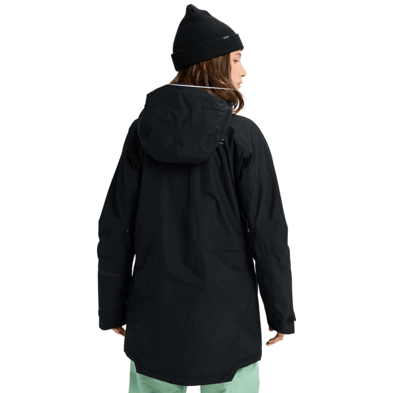 Back view of a black Burton Reserve Insulated Snowboard Jacket for women featuring a hood and long fit.