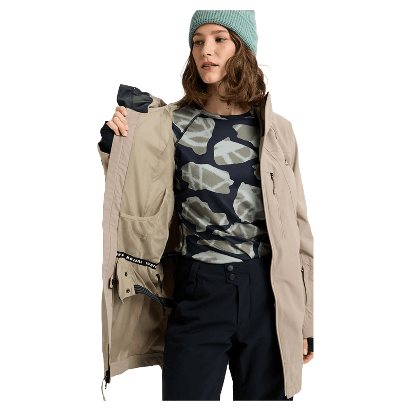 Beige Burton Reserve Insulated Snowboard Jacket for women showing the interior lining and powder skirt.
