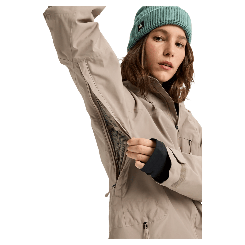 Beige Burton Reserve Insulated Snowboard Jacket for women featuring a mesh-lined underarm zip vent.