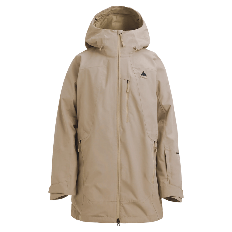 Tan women's Burton Reserve Insulated Snowboard Jacket with a hood, chest pocket, and full-length zipper.