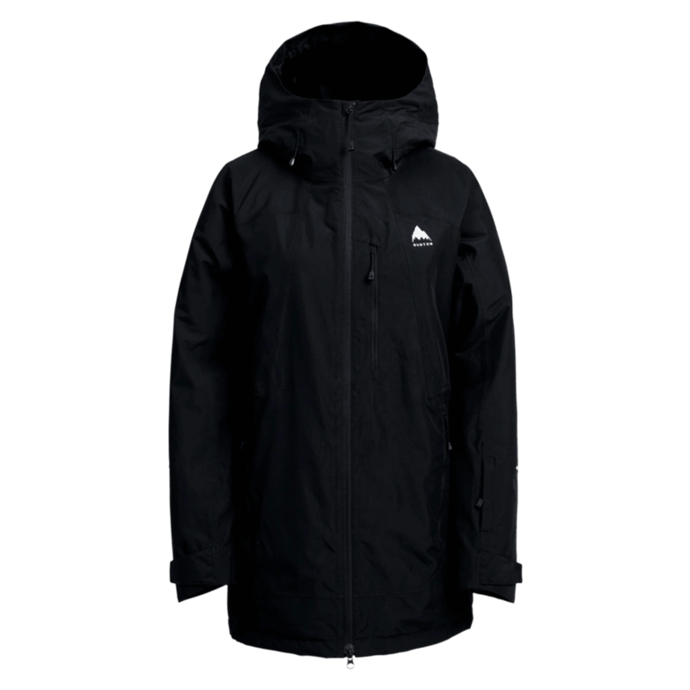 Black Burton Reserve Insulated Snowboard Jacket for women with a hood, front zip, and small white logo on the chest.