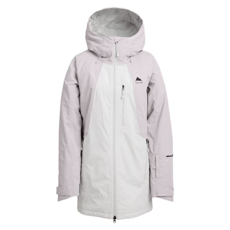 Women's Burton Reserve Insulated Snowboard Jacket in lavender and white with a hood and zippered pockets.
