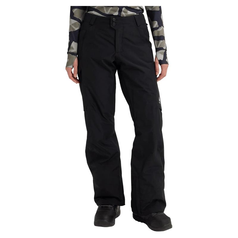 Front view of black Burton Reserve insulated women's snowboard pants with a double-button waist and side cargo pockets.
