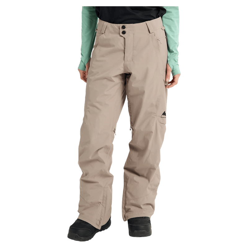 Women's tan Burton Reserve Insulated Snowboard Pants featuring front pockets and a mountain logo on the thigh.
