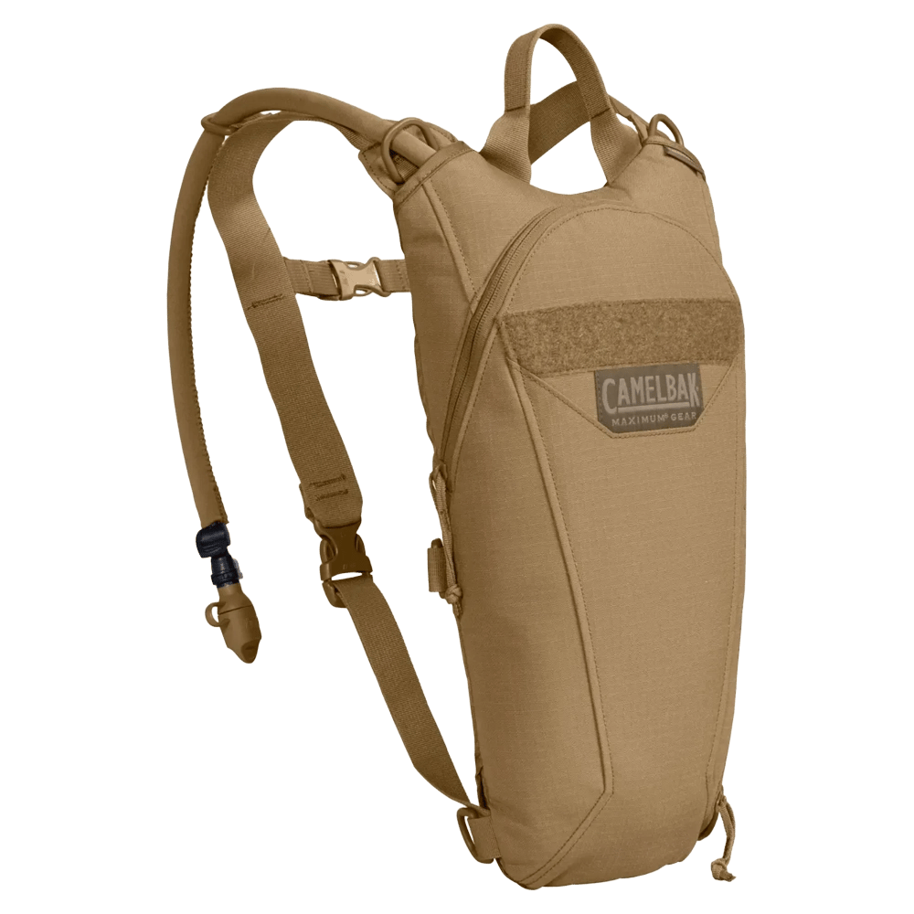 Coyote tan Camelbak Thermobak 3L Short Mil Spec Crux hydration pack with shoulder straps and drinking tube.