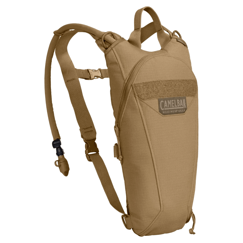 Coyote tan Camelbak Thermobak 3L Short Mil Spec Crux hydration pack with shoulder straps and drinking tube.