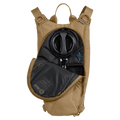 Coyote tan Camelbak Thermobak 3L Short Mil Spec Crux hydration pack with unzipped front revealing black reservoir cap.