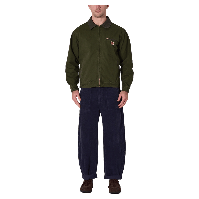 Front view of man in the Rollas Canvas Miner Jacket in colour Mangrove.