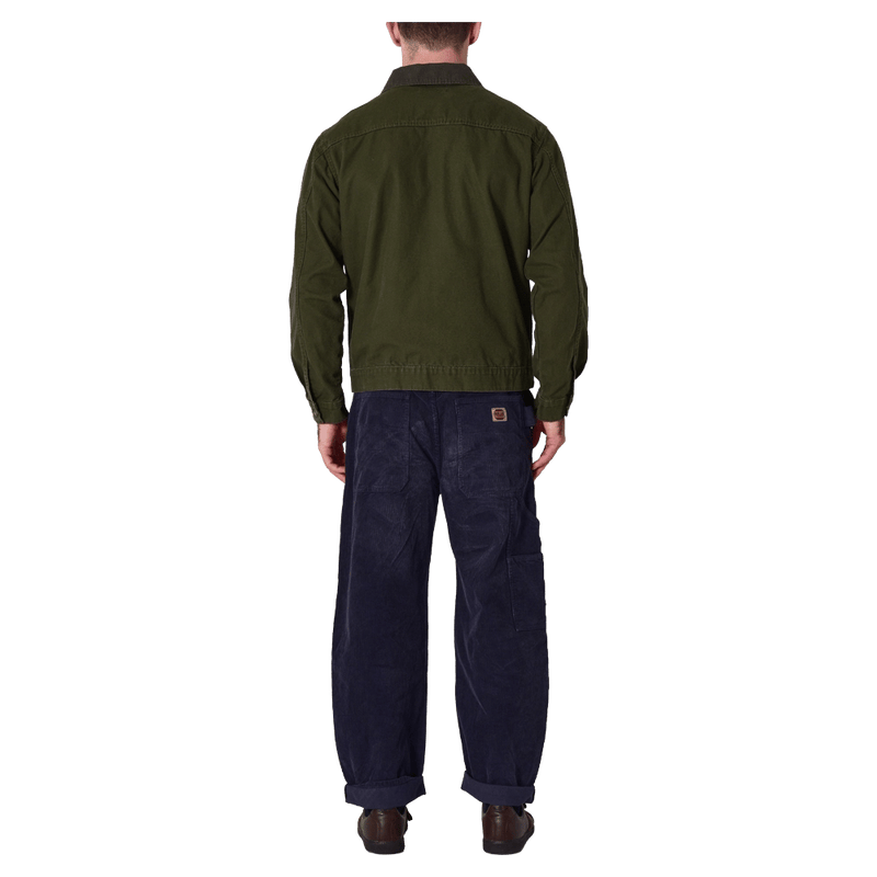 Back view of man in the Rollas Canvas Miner Jacket in colour Mangrove.