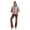 Front view of women wearing the Rojo Chalet Crop Ski Jacket - Womens in colour Beige
