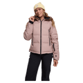 Front view of women wearing the Rojo Chalet Crop Ski Jacket - Womens in colour Beige