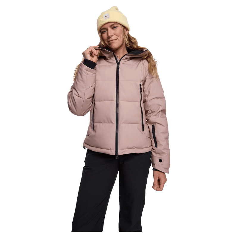 Front view of women wearing the Rojo Chalet Crop Ski Jacket - Womens in colour Beige