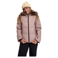 Front view of women wearing the Rojo Chalet Crop Ski Jacket - Womens in colour Beige