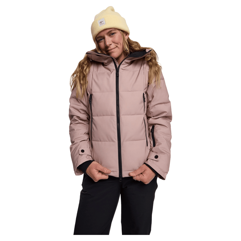 Front view of women wearing the Rojo Chalet Crop Ski Jacket - Womens in colour Beige