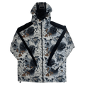 CHECKtheFeed VX Daily Snowboard Jacket with a grey dog and video camera print, black shoulder panels, and a hood.