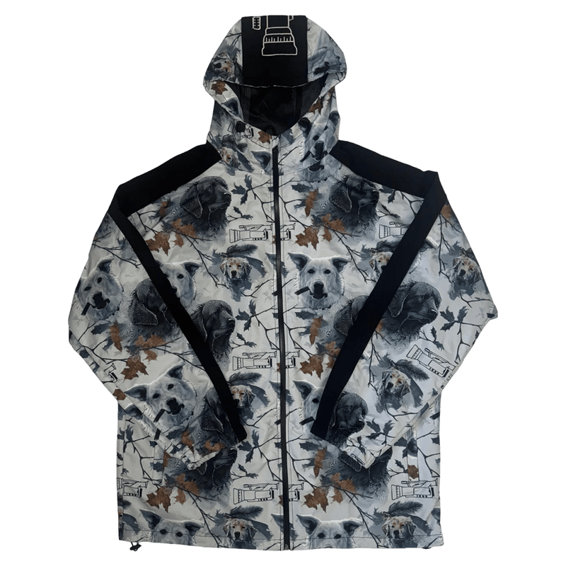 CHECKtheFeed VX Daily Snowboard Jacket with a grey dog and video camera print, black shoulder panels, and a hood.