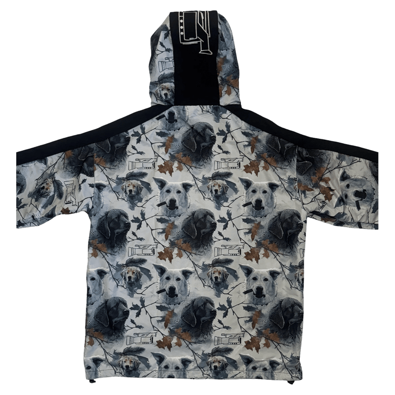 CHECKtheFeed VX Daily Snowboard Jacket with a grey dog and video camera print, black shoulder panels, and a hood.