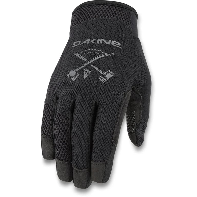 Black Dakine Covert bike glove with breathable mesh back, grey logo, and crossed axes graphic.