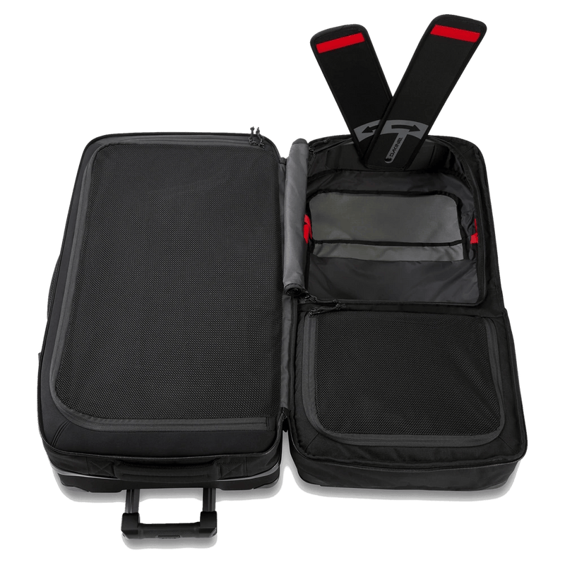 Open view of the Dakine Split Roller Bag 85L in Black colourway, unisex's model