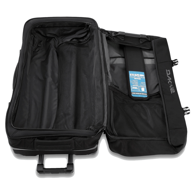 Open view of the Dakine Split Roller Bag 85L in Black colourway, unisex's model