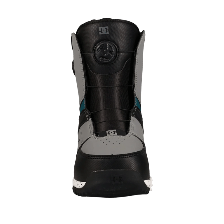 DC Control BOA Snowboard Boots in black and grey featuring dual BOA lacing and teal accents, front view.