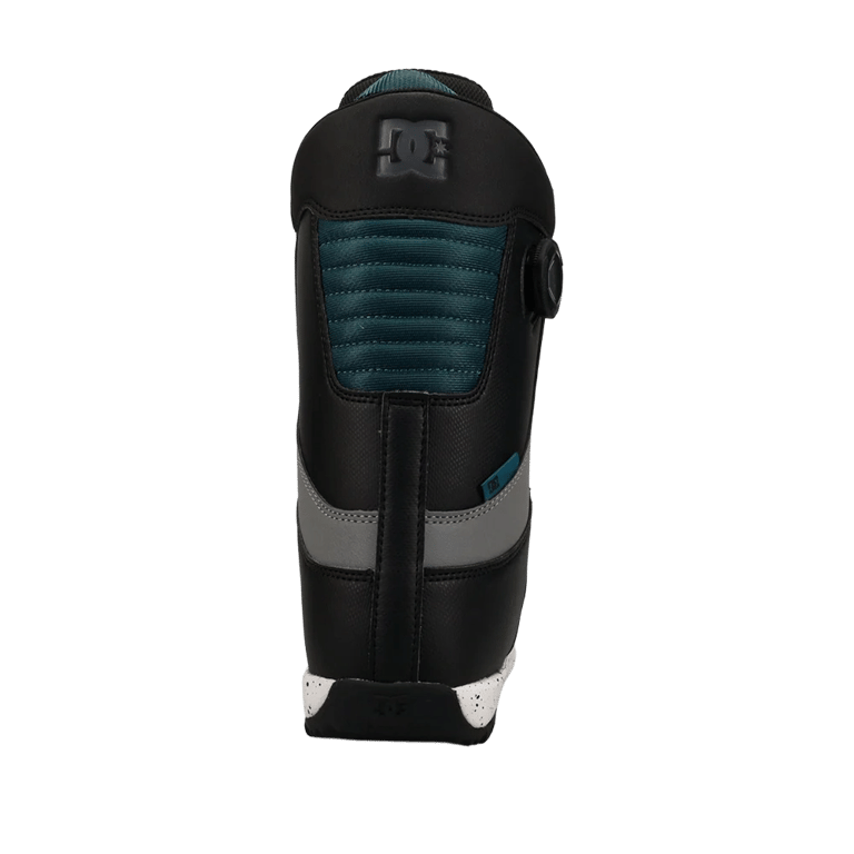 Rear view of black DC Control BOA snowboard boot with teal ribbed padding, grey stripe, and white speckled sole.
