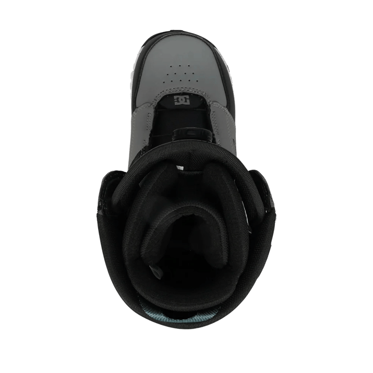 Top-down view of grey and black DC Control BOA snowboard boots featuring a padded liner and BOA lacing dial.