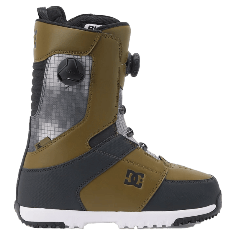 DC Control BOA snowboard boot in olive green and black with digital camo panels, dual BOA dials, and white midsole.