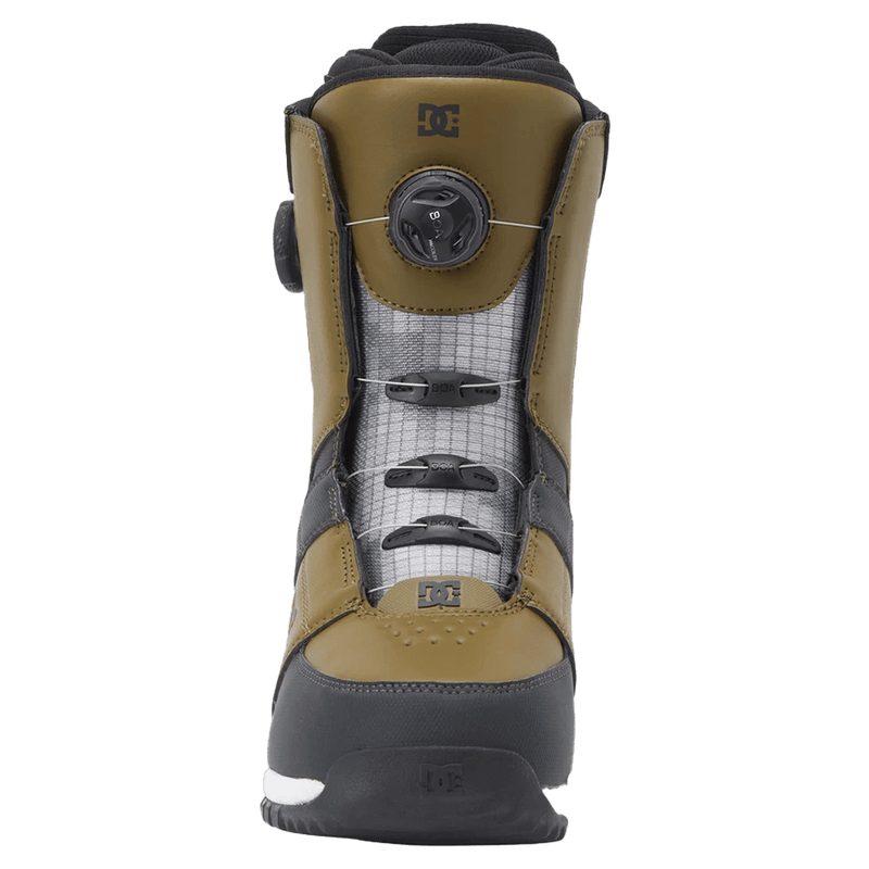 Front view of olive green and black DC Control BOA snowboard boot with dual BOA dials and a grey grid patterned tongue.