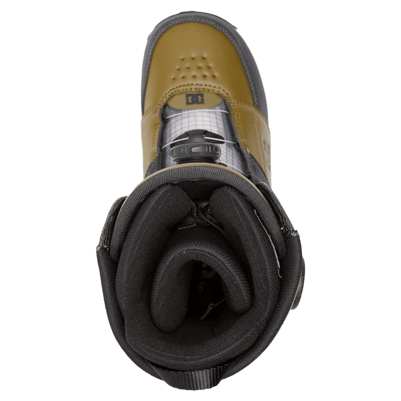Top-down view of a tan DC Control BOA snowboard boot featuring a black padded liner and BOA lacing dial.