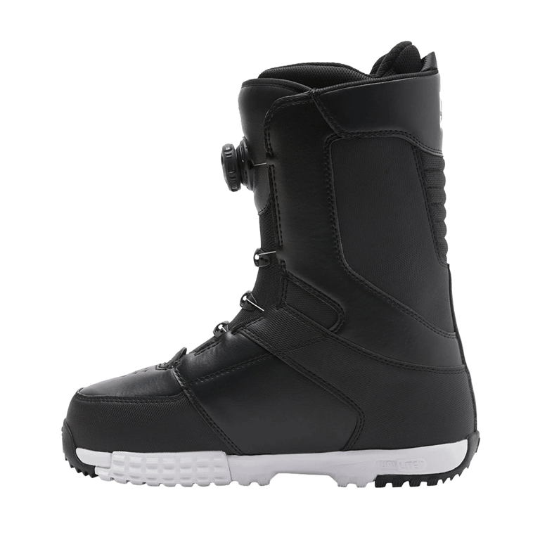 Side profile of black DC Control BOA snowboard boots featuring a white sole and side BOA dial.