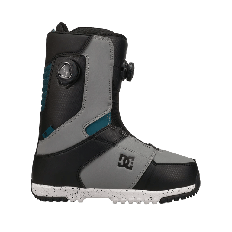 DC Control BOA snowboard boots in black and grey with dual BOA dials and a speckled white sole, side profile.