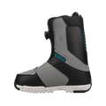 Side profile of a grey and black DC Control BOA snowboard boot with teal accents and a speckled white sole.