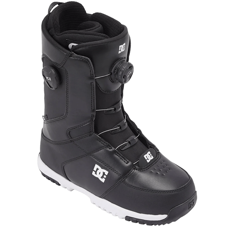 Black DC Control BOA snowboard boot with dual BOA lacing, white logos, and white soles.
