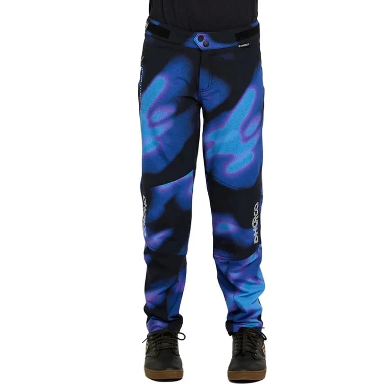 Dharco Kids Gravity Pants in black with a blue and purple abstract print, front view.