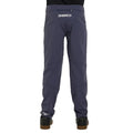 Back view of slate grey Dharco Gravity Kids bike pants with white logo, zippered rear pocket, and tapered legs.