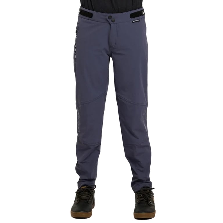 Kids Dharco Gravity mountain bike pants in slate blue with tapered legs, waist adjusters, and front zipper pocket.