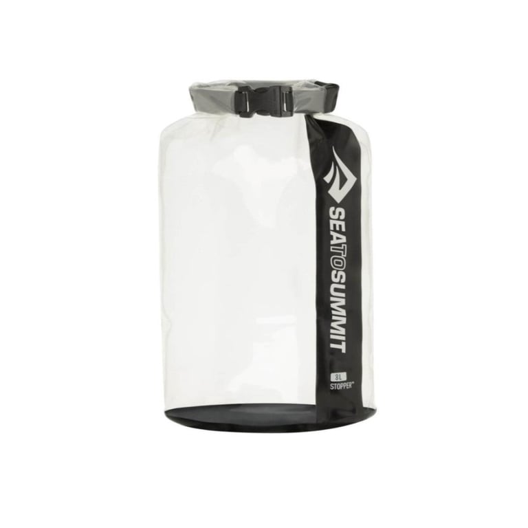 Sea To Summit Stopper Clear Dry Bag featuring a transparent body, black base, and black roll-top buckle closure.