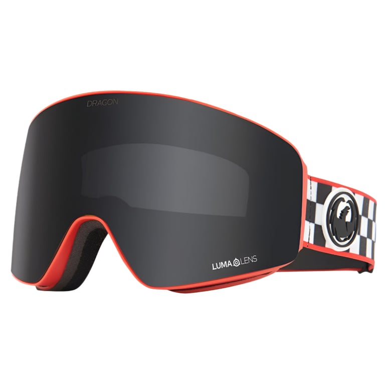 Dragon PXV snow goggles with a dark grey lens, red frame, and black and white checkered strap.