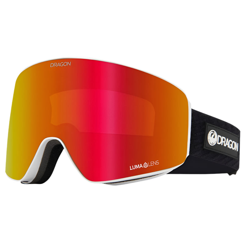 Dragon PXV Low Bridge Goggle in Icon colorway with red ion lens, featuring Panotech lens design for enhanced peripheral vision
