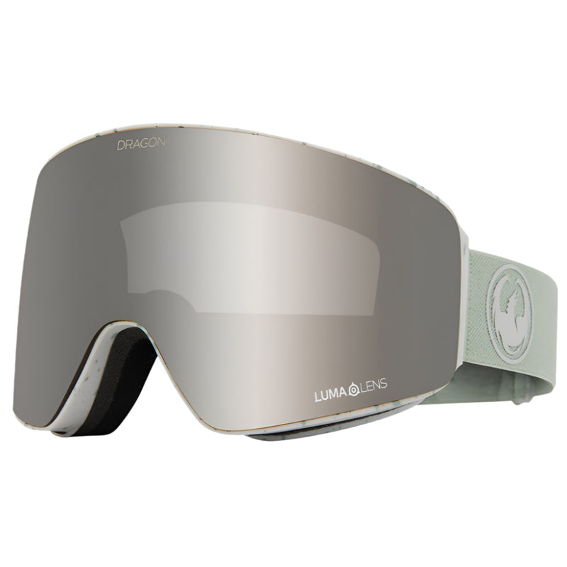 Dragon PXV Low Bridge Goggle in Reused colorway with silver ion lens, featuring sustainable design and low bridge fit