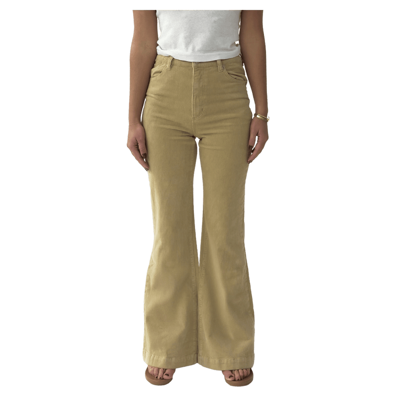 Front view of women in the Eastcoast Flare Cord Jeans in colour Sand
