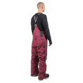 Rear view of maroon Endeavor 3L Shelter Bib Snowboard Pants with branded suspenders and side zippers.