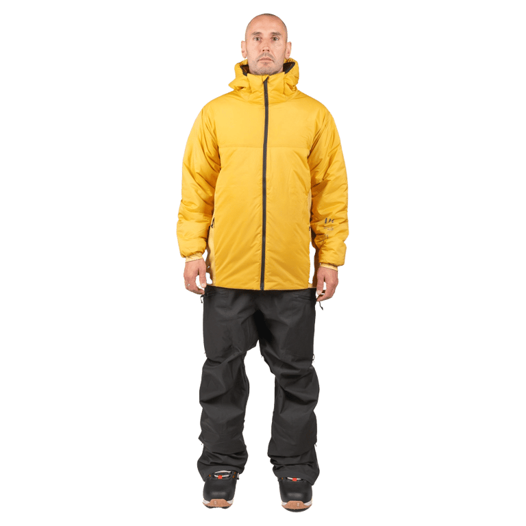 Sun yellow Endeavor Aeroshield Insulated Snowboard Jacket with black zipper and hood, front view.