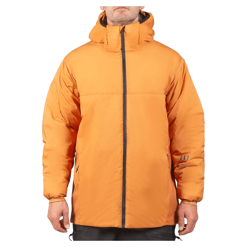 Front view of an cane Endeavor Aeroshield Insulated Snowboard Jacket with a hood and black front zipper.