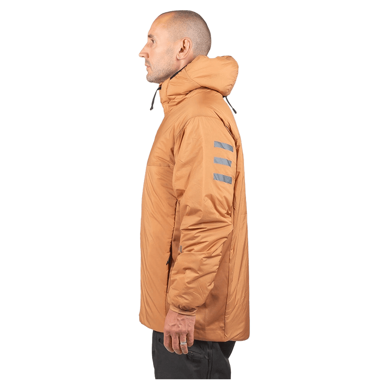 Side profile of a cane Endeavor Aeroshield insulated snowboard jacket with hood and grey stripes on the sleeve.