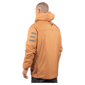 Rear view of a cane Endeavor Aeroshield insulated snowboard jacket with a hood and three grey stripes on the sleeve.